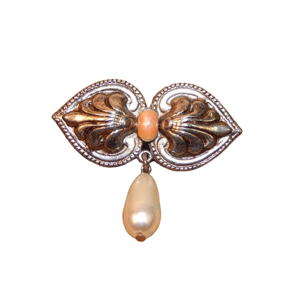 Vintage Beautiful Baroque Double Heart  Bow w/Pearl Drop Pin/Brooch